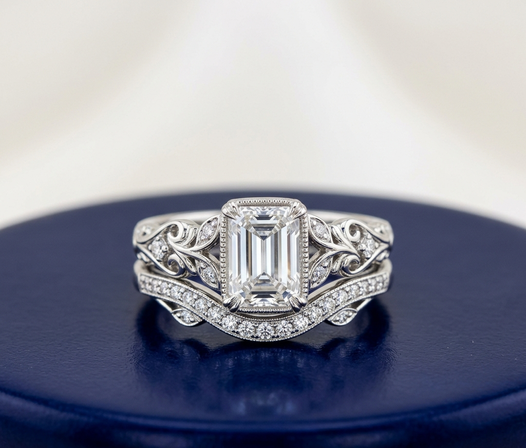 VINTAGE EMERALD DIAMOND RING SET