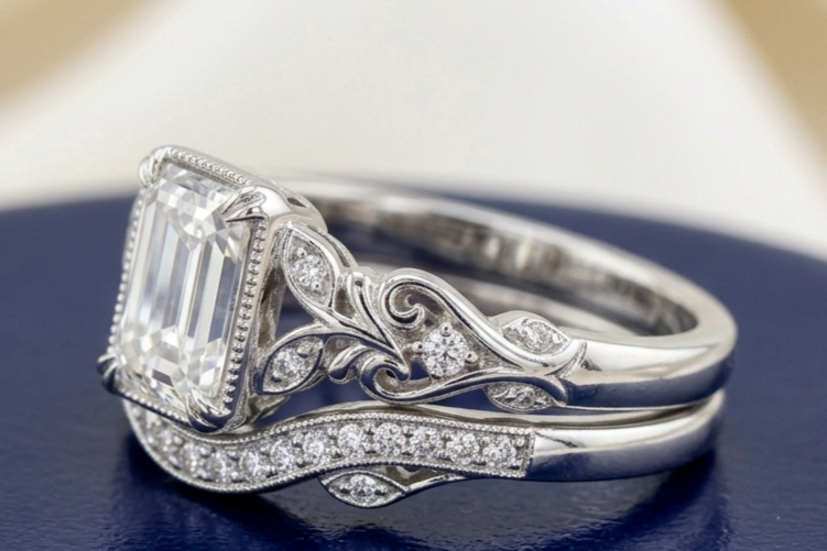 VINTAGE EMERALD DIAMOND RING SET