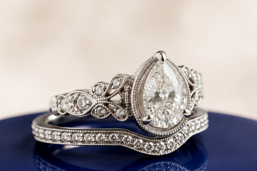 VINTAGE PEAR DIAMOND RING SET