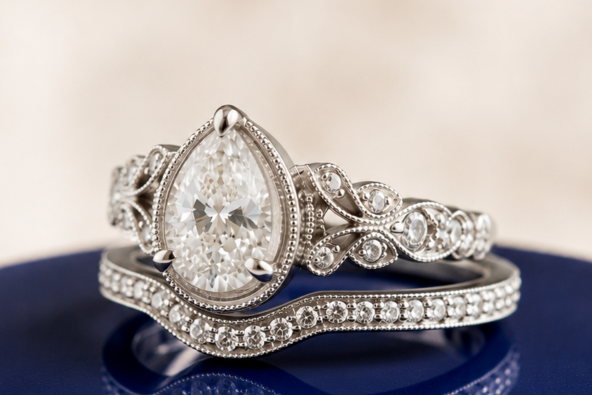 VINTAGE PEAR DIAMOND RING SET
