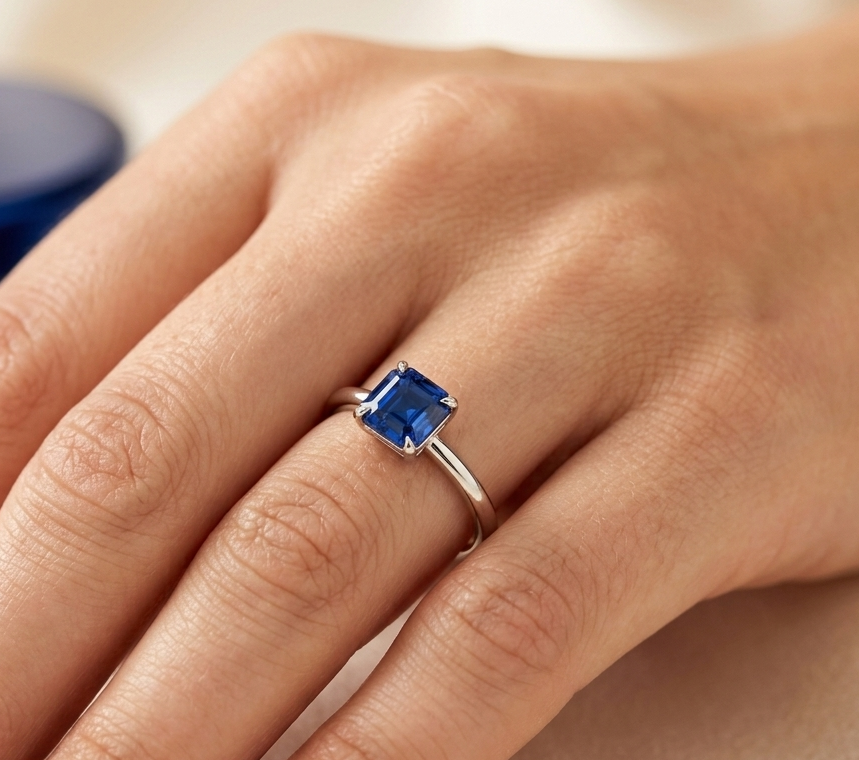 BLUE SAPPHIRE ASSCHER-CUT SOLITAIRE ENGAGEMENT RING