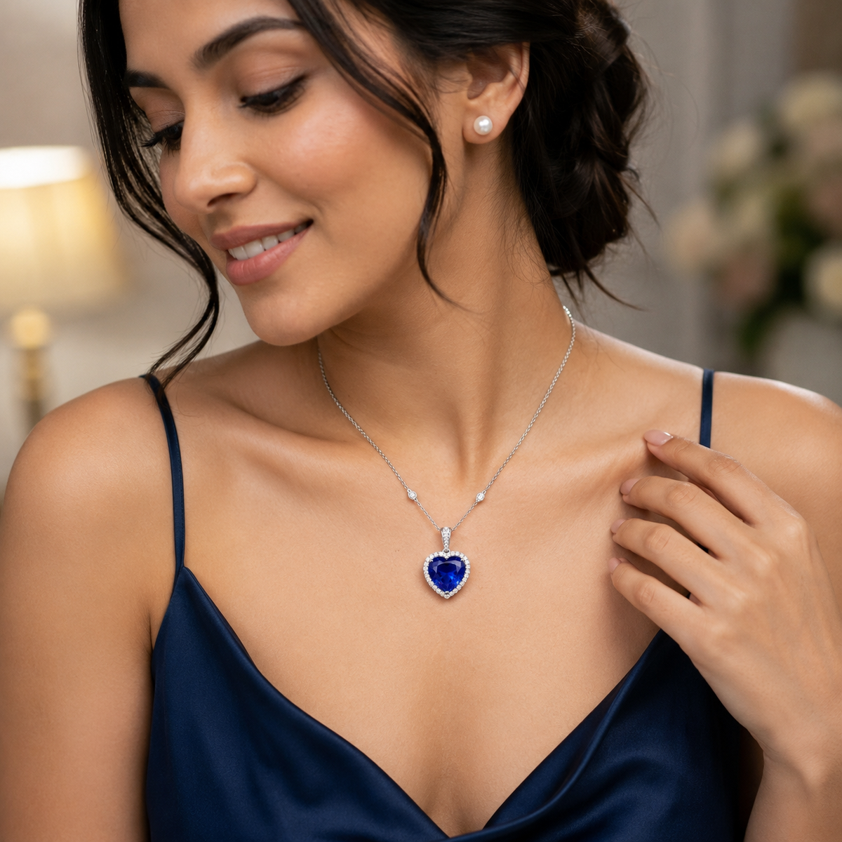 BLUE SAPPHIRE HEART-CUT PENDANT NECKLACE