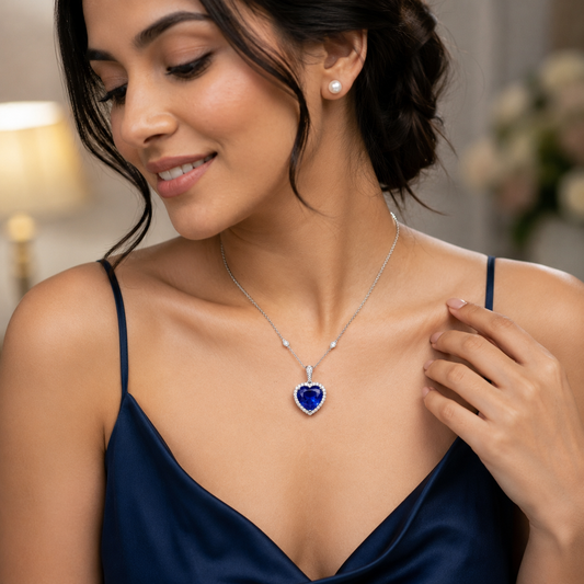 BLUE SAPPHIRE HEART-CUT PENDANT NECKLACE