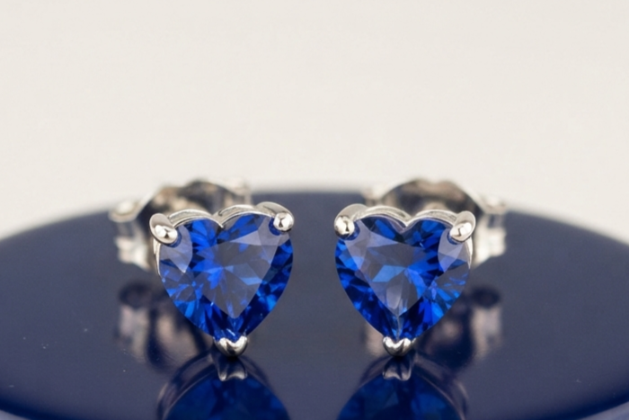 BLUE SAPPHIRE HEART DIAMOND STUD EARINGS