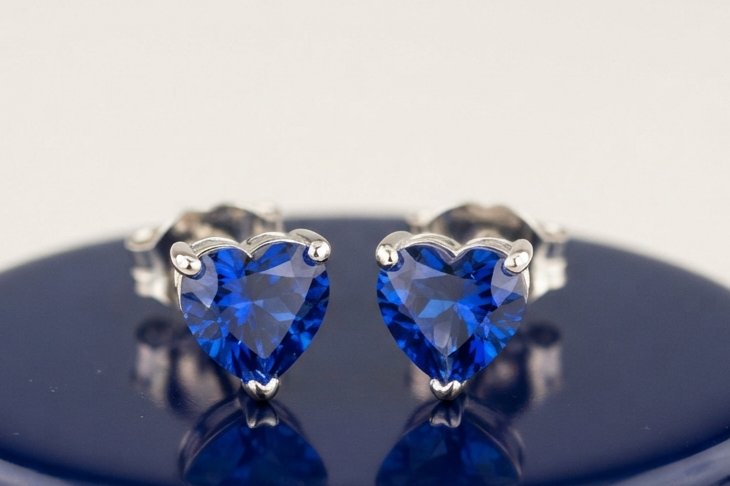 BLUE SAPPHIRE HEART DIAMOND STUD EARINGS