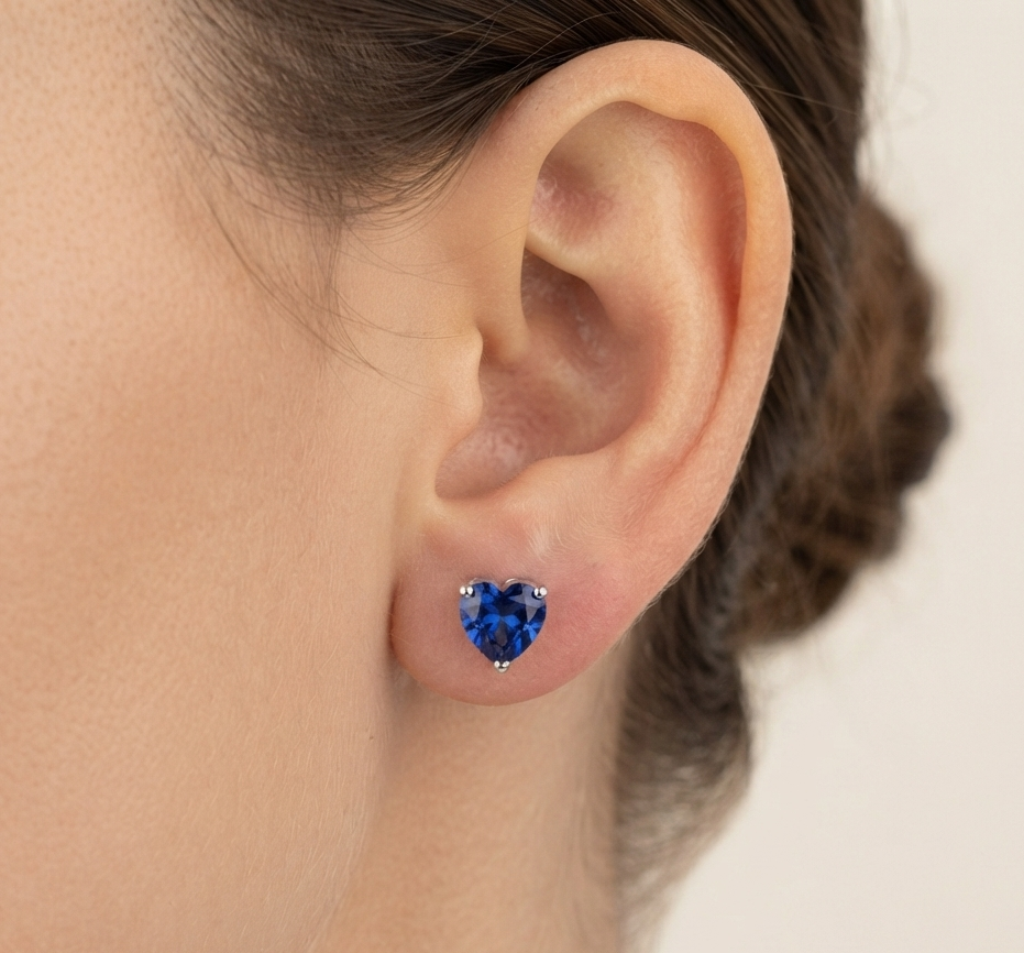 BLUE SAPPHIRE HEART DIAMOND STUD EARINGS
