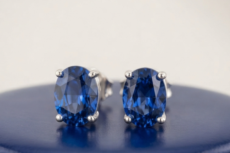 BLUE SAPPHIRE OVAL STUD EARINGS