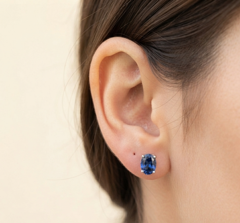 BLUE SAPPHIRE OVAL STUD EARINGS