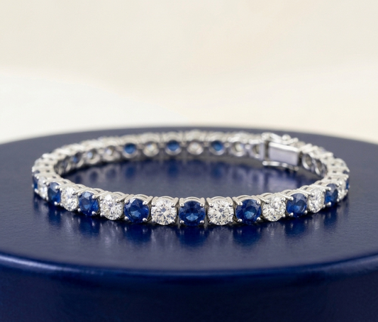 BLUE SAPPHIRE AND WHITE ROUND DIAMOND TENNIS BRACELET